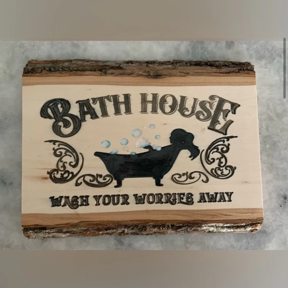 Handmade Bath House Wooden Sign - Black and Brown